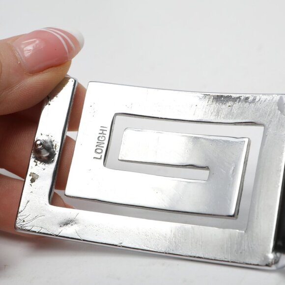 Vintage LONGHI Leather Belt Italy Black Large Silver Statement Buckle Classic - Picture 6 of 9